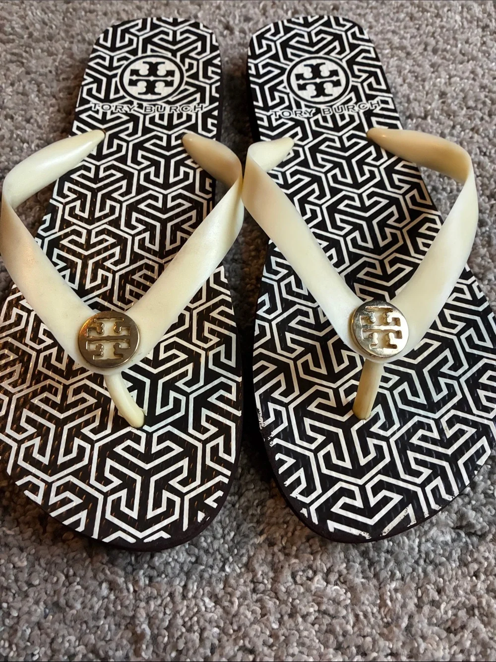 Tory Burch Black & Cream Geometric Logo Flip Flops